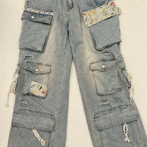 Boho Patchwork Denim Cargo Pants, Light Wash Distressed Utility Jeans, Floral Ac